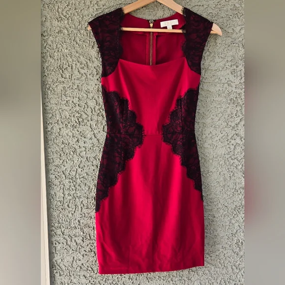 Erin Fetherston Red Black Lace Detail Sheath Dress - Picture 2 of 11
